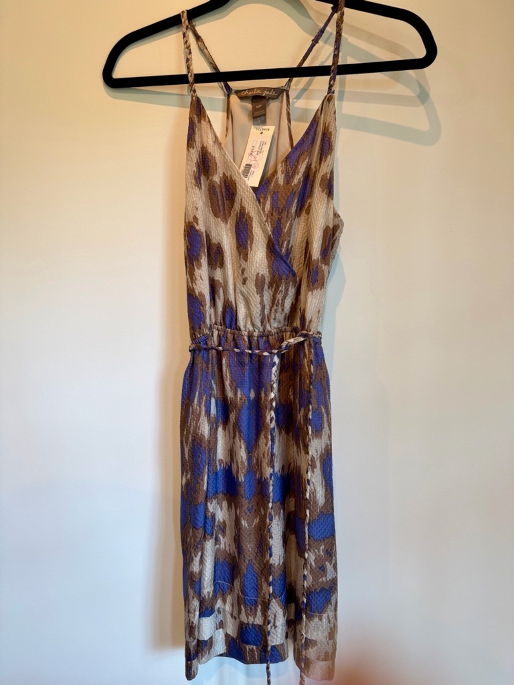 Charlie Jade Blue and Taupe Printed V-Neck Midi Dress